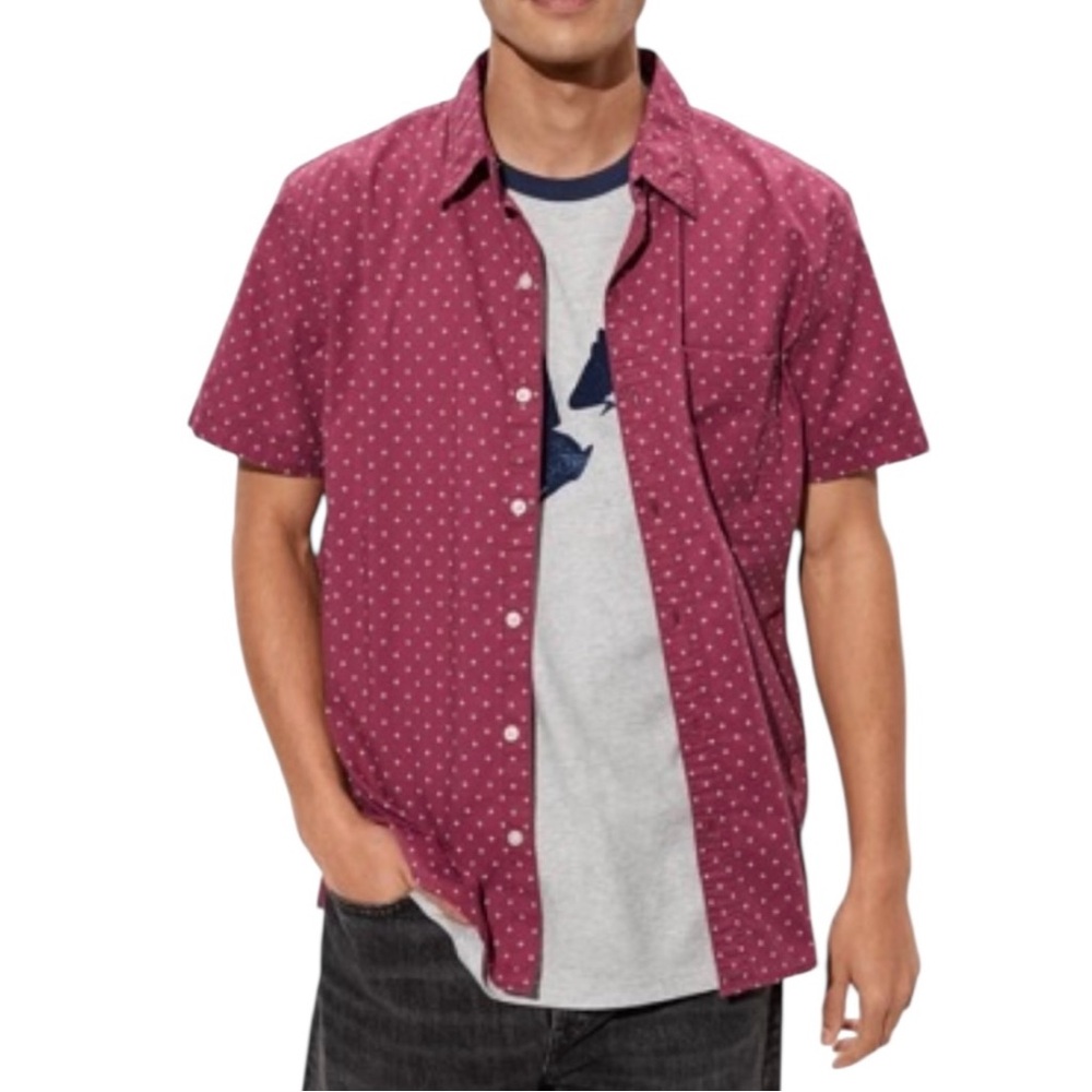 American Eagle AE Micro Dot Button-Up Resort Shirt XXL Maroon Red Short Sleeve